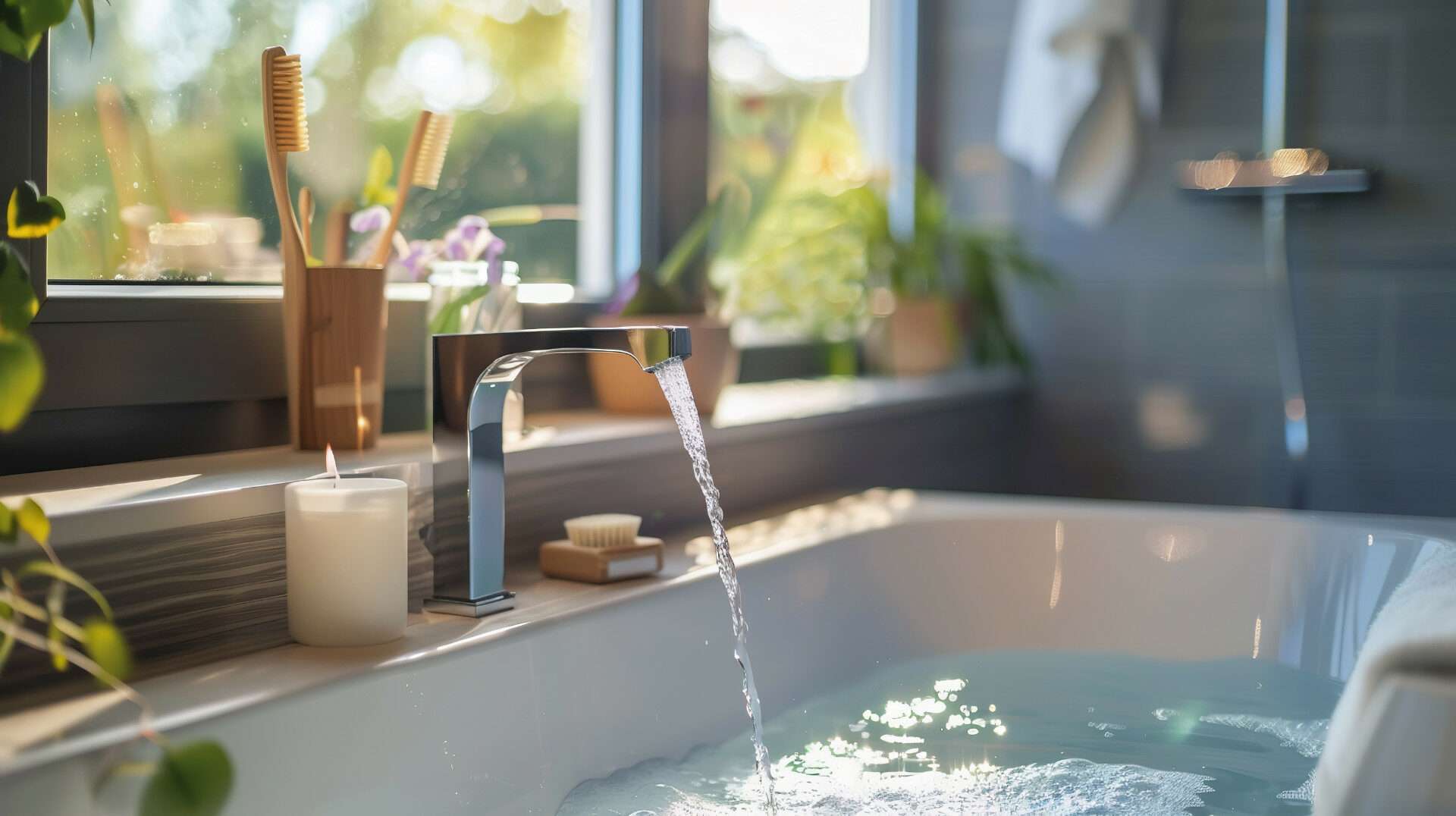 Badewasser läuft in die Badewanne ein. Schaumbad.