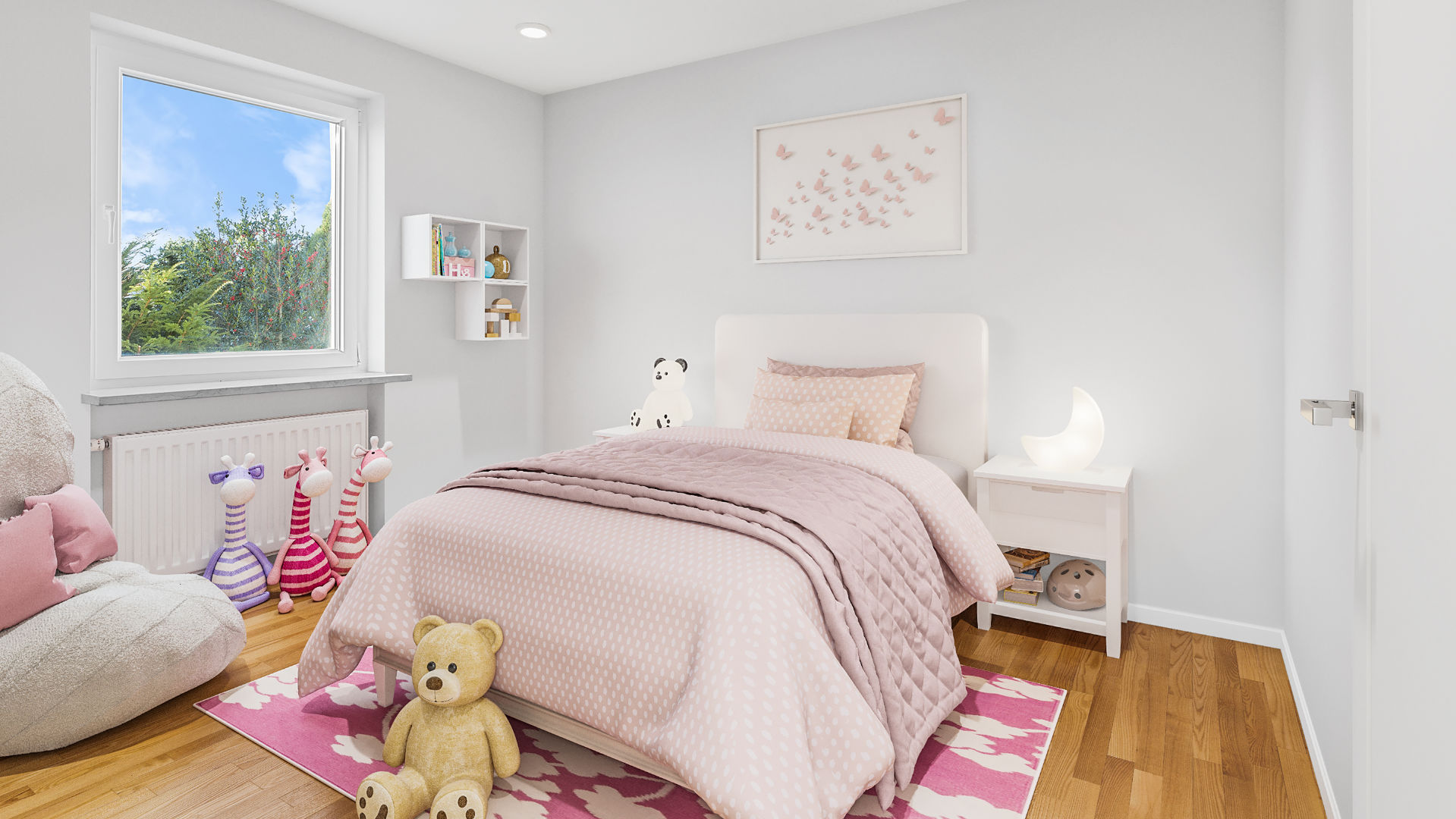 Kinderzimmer mit Mädchen mit Bett